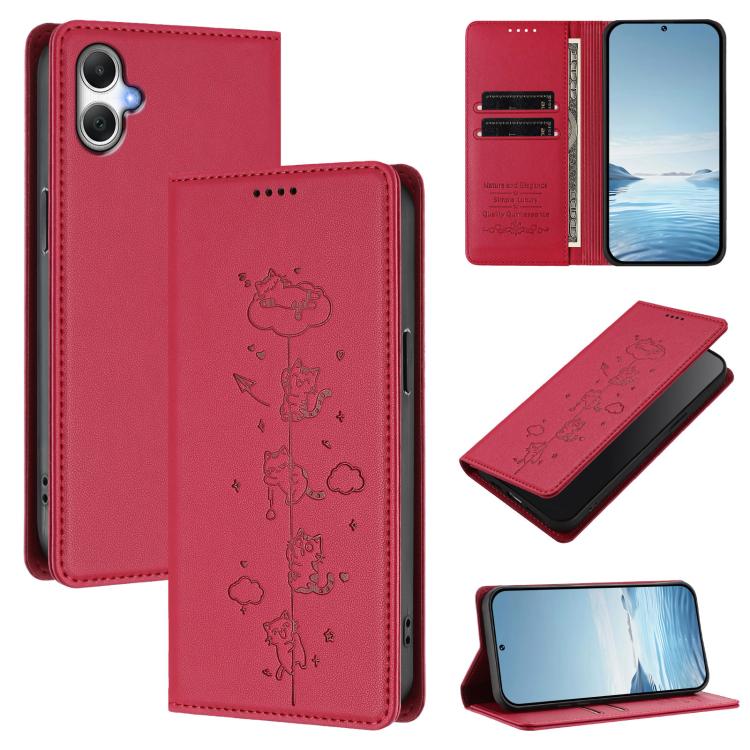Custodia per telefono in ecopelle con protezione RFID magnetica e stampa a rilievo di simpatici gattini., For Samsung Galaxy A17 4G / 5G, For Samsung Galaxy A07 4G