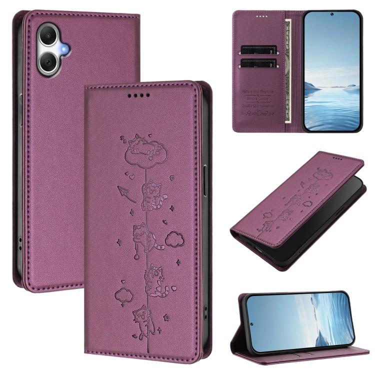 Custodia per telefono in ecopelle con protezione RFID magnetica e stampa a rilievo di simpatici gattini., For Samsung Galaxy A17 4G / 5G, For Samsung Galaxy A07 4G