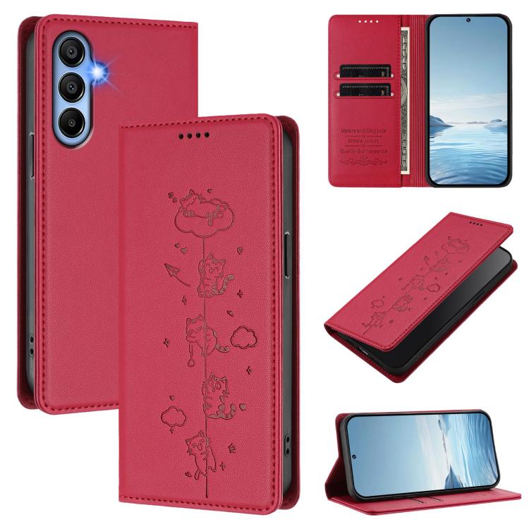 Custodia per telefono in ecopelle con protezione RFID magnetica e stampa a rilievo di simpatici gattini., For Samsung Galaxy A05s 4G / F14 4G, For Samsung Galaxy A15 4G / 5G