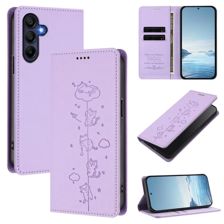 Custodia per telefono in ecopelle con protezione RFID magnetica e stampa a rilievo di simpatici gattini., For Samsung Galaxy A05 4G / M05 4G, For Samsung Galaxy A16 4G / 5G
