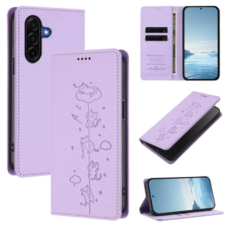 Custodia per telefono in ecopelle con protezione RFID magnetica e stampa a rilievo di simpatici gattini., For Samsung Galaxy A57 5G, For Samsung Galaxy A37 5G