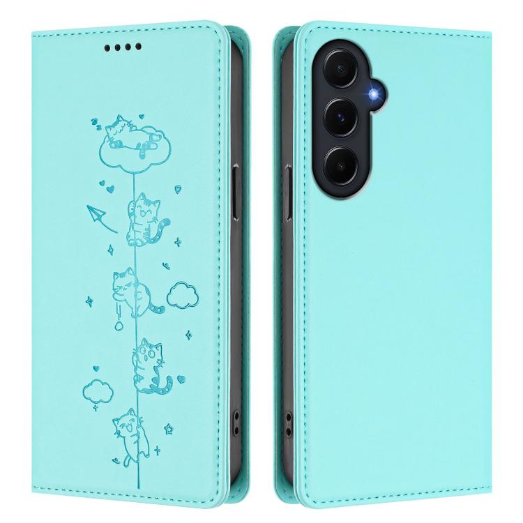 Custodia per telefono in ecopelle con protezione RFID magnetica e stampa a rilievo di simpatici gattini., For Samsung Galaxy A55 5G, For Samsung Galaxy A35 5G