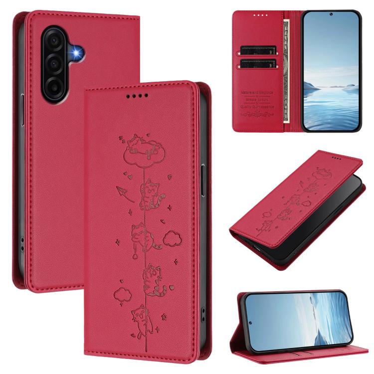 Custodia per telefono in ecopelle con protezione RFID magnetica e stampa a rilievo di simpatici gattini., For Samsung Galaxy A57 5G, For Samsung Galaxy A37 5G