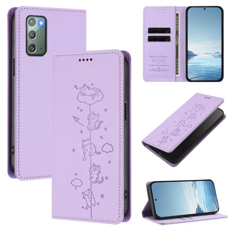 Custodia per telefono in ecopelle con protezione RFID magnetica e stampa a rilievo di simpatici gattini., For Samsung Galaxy Note20 Ultra, For Samsung Galaxy Note20
