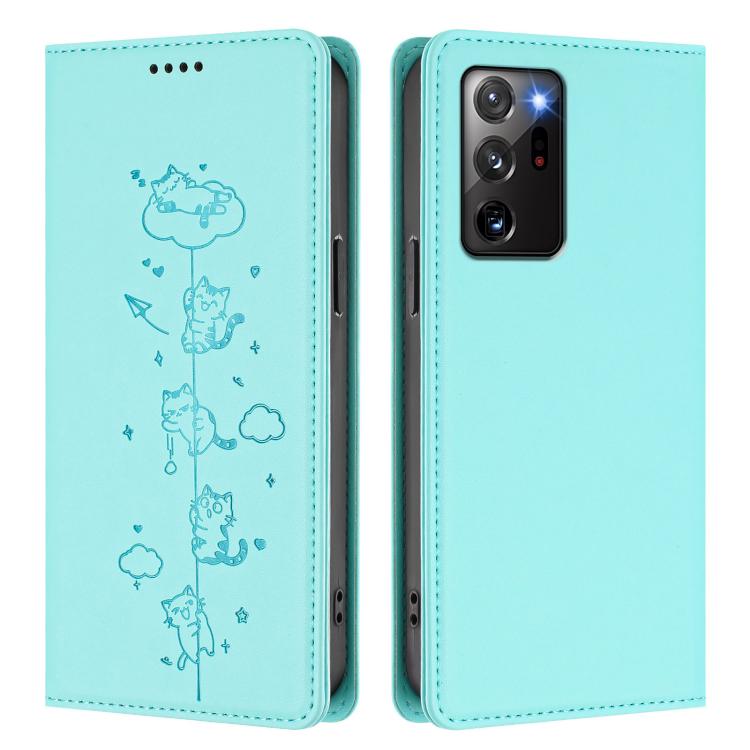 Custodia per telefono in ecopelle con protezione RFID magnetica e stampa a rilievo di simpatici gattini., For Samsung Galaxy Note20 Ultra, For Samsung Galaxy Note20