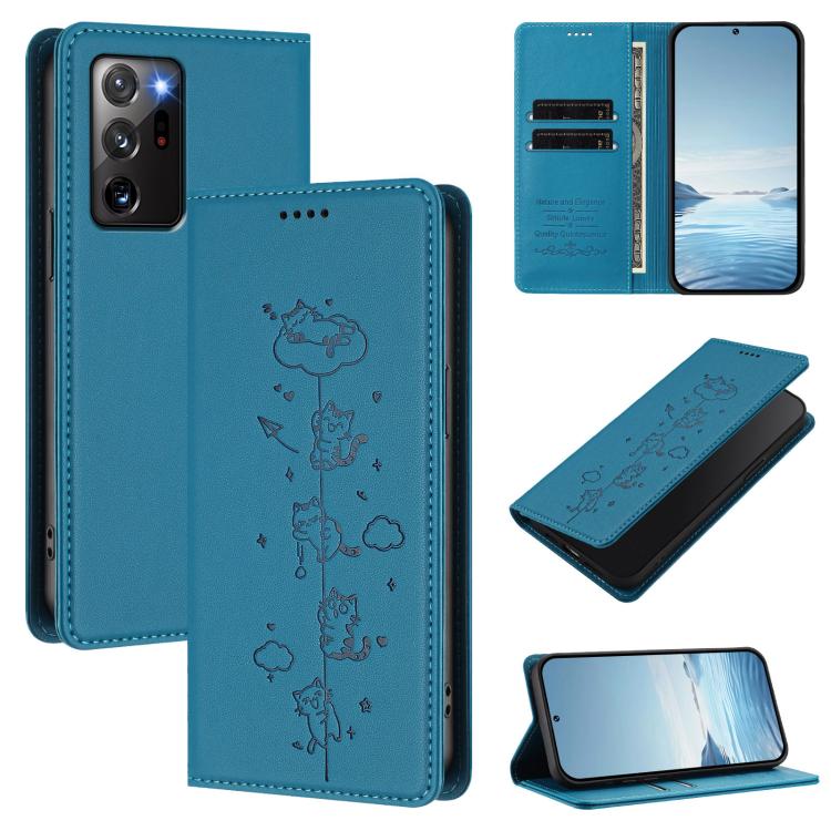 Custodia per telefono in ecopelle con protezione RFID magnetica e stampa a rilievo di simpatici gattini., For Samsung Galaxy Note20 Ultra, For Samsung Galaxy Note20