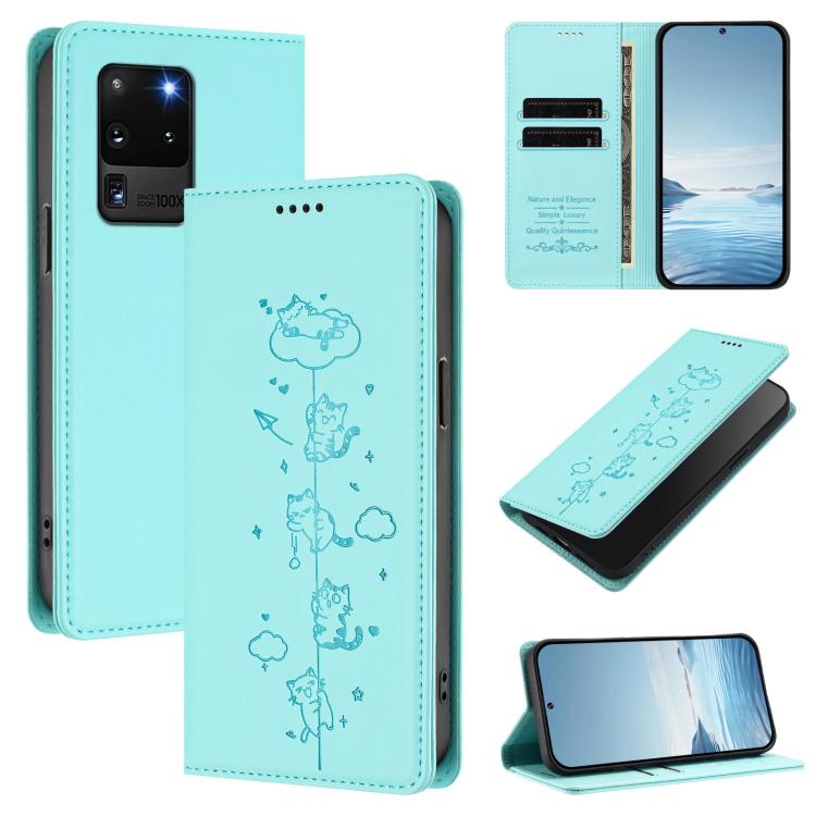 Custodia per telefono in ecopelle con protezione RFID magnetica e stampa a rilievo di simpatici gattini., For Samsung Galaxy S20 Ultra, For Samsung Galaxy S20