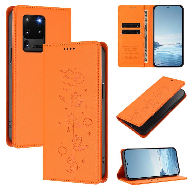 Custodia per telefono in ecopelle con protezione RFID magnetica e stampa a rilievo di simpatici gattini., For Samsung Galaxy S20 Ultra, For Samsung Galaxy S20