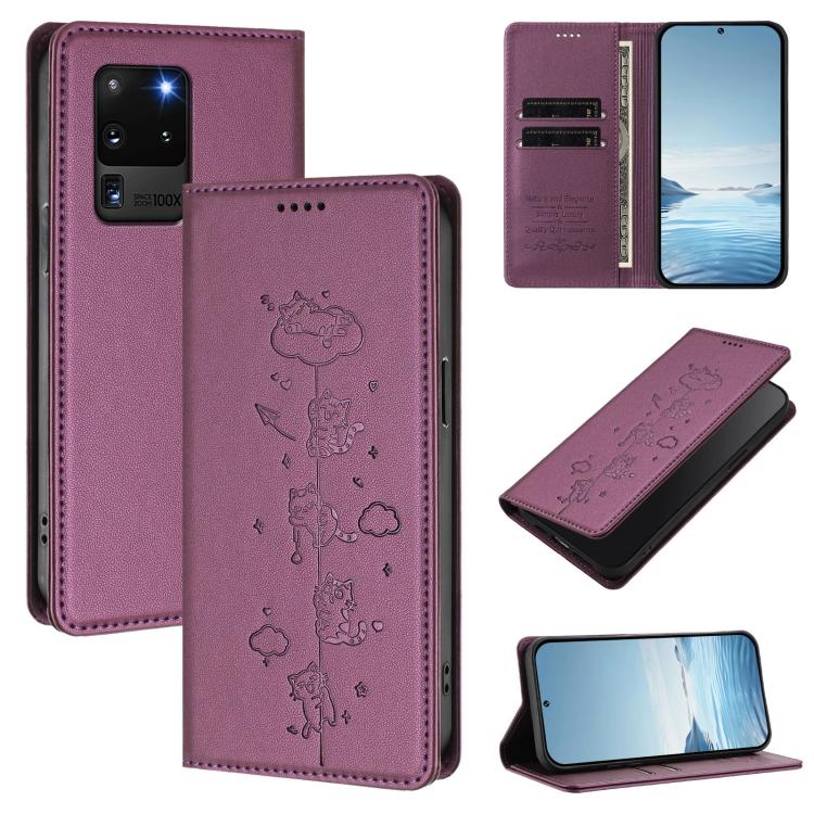 Custodia per telefono in ecopelle con protezione RFID magnetica e stampa a rilievo di simpatici gattini., For Samsung Galaxy S20 Ultra, For Samsung Galaxy S20