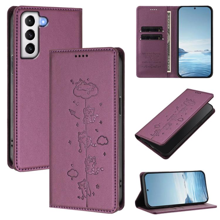Custodia per telefono in ecopelle con protezione RFID magnetica e stampa a rilievo di simpatici gattini., For Samsung Galaxy S21 FE 5G, For Samsung Galaxy S21 5G