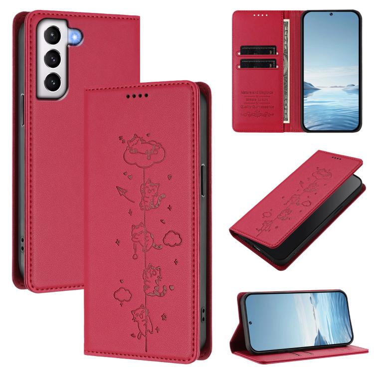 Custodia per telefono in ecopelle con protezione RFID magnetica e stampa a rilievo di simpatici gattini., For Samsung Galaxy S21+ 5G, For Samsung Galaxy S21 Ultra 5G