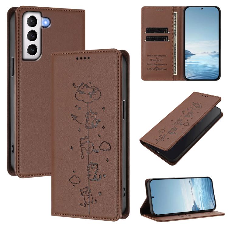 Custodia per telefono in ecopelle con protezione RFID magnetica e stampa a rilievo di simpatici gattini., For Samsung Galaxy S21 FE 5G, For Samsung Galaxy S21 5G