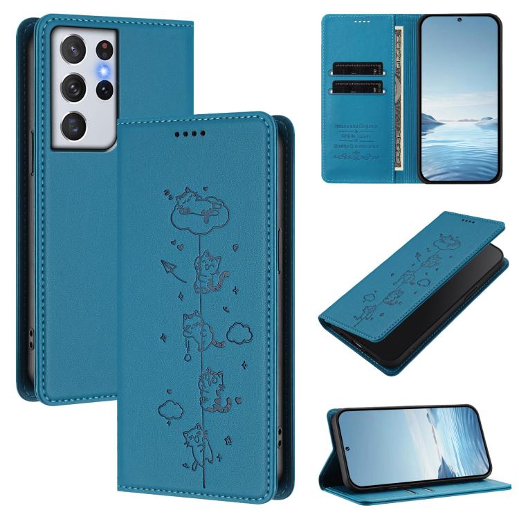 Custodia per telefono in ecopelle con protezione RFID magnetica e stampa a rilievo di simpatici gattini., For Samsung Galaxy S21+ 5G, For Samsung Galaxy S21 Ultra 5G