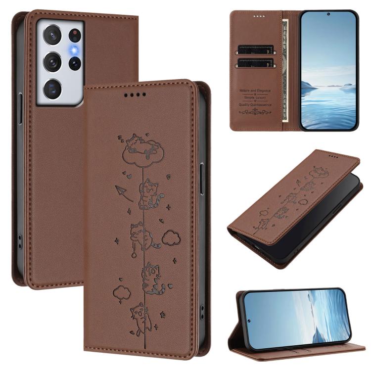 Custodia per telefono in ecopelle con protezione RFID magnetica e stampa a rilievo di simpatici gattini., For Samsung Galaxy S21+ 5G, For Samsung Galaxy S21 Ultra 5G