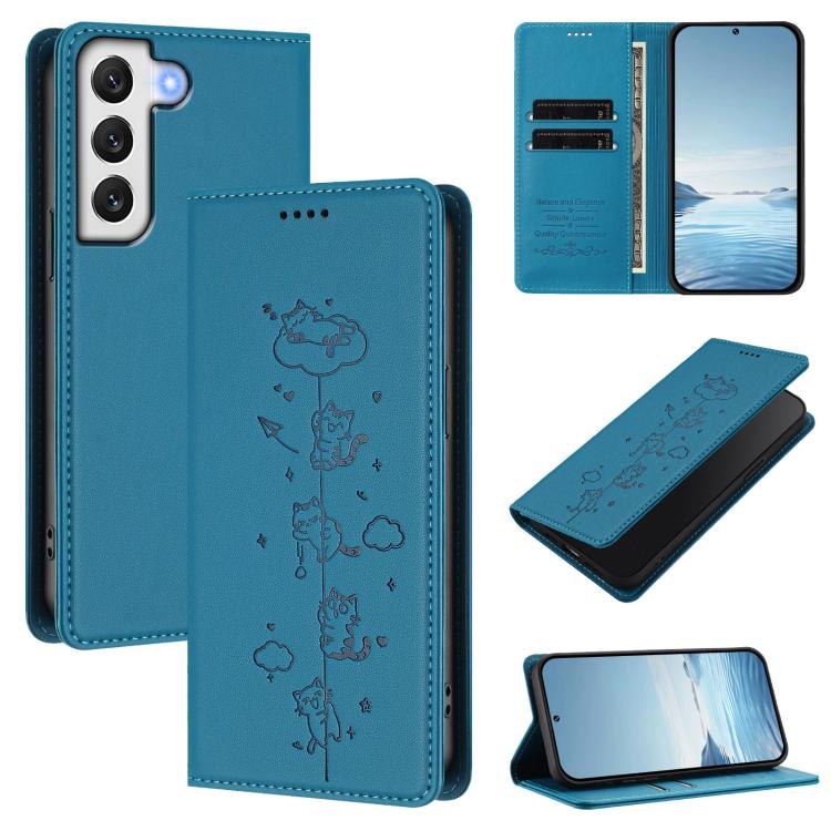 Custodia per telefono in ecopelle con protezione RFID magnetica e stampa a rilievo di simpatici gattini., For Samsung Galaxy S22+ 5G, For Samsung Galaxy S22 5G