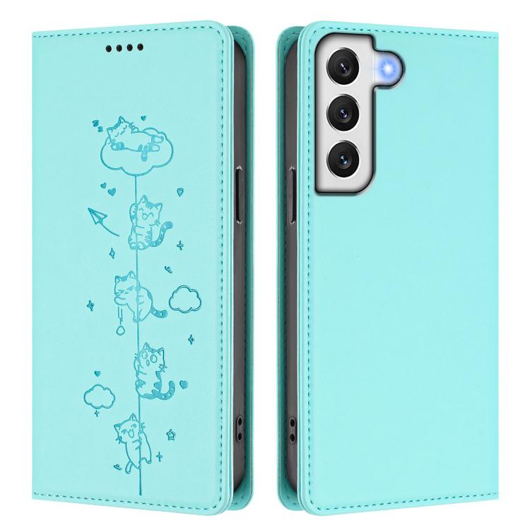 Custodia per telefono in ecopelle con protezione RFID magnetica e stampa a rilievo di simpatici gattini., For Samsung Galaxy S22+ 5G, For Samsung Galaxy S22 5G