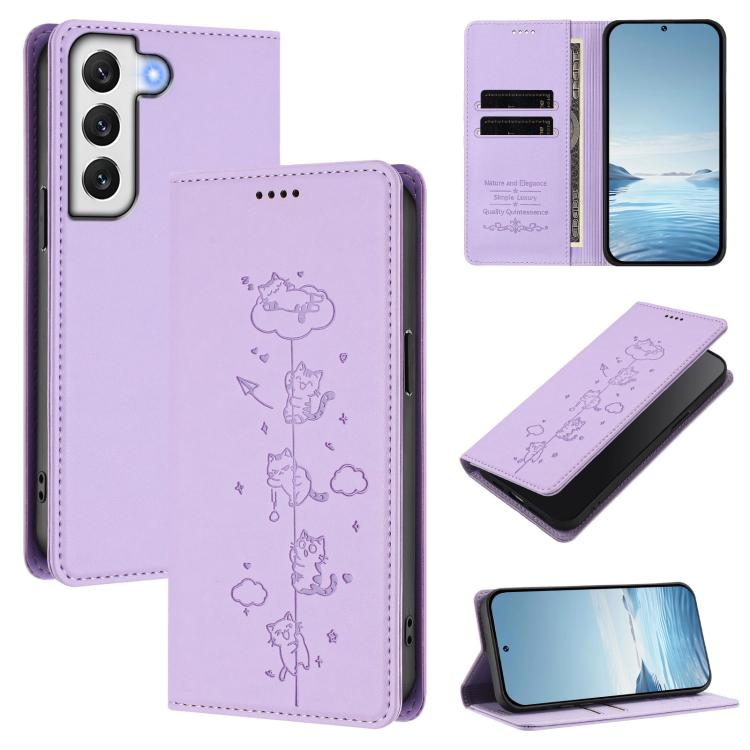 Custodia per telefono in ecopelle con protezione RFID magnetica e stampa a rilievo di simpatici gattini., For Samsung Galaxy S22+ 5G, For Samsung Galaxy S22 5G