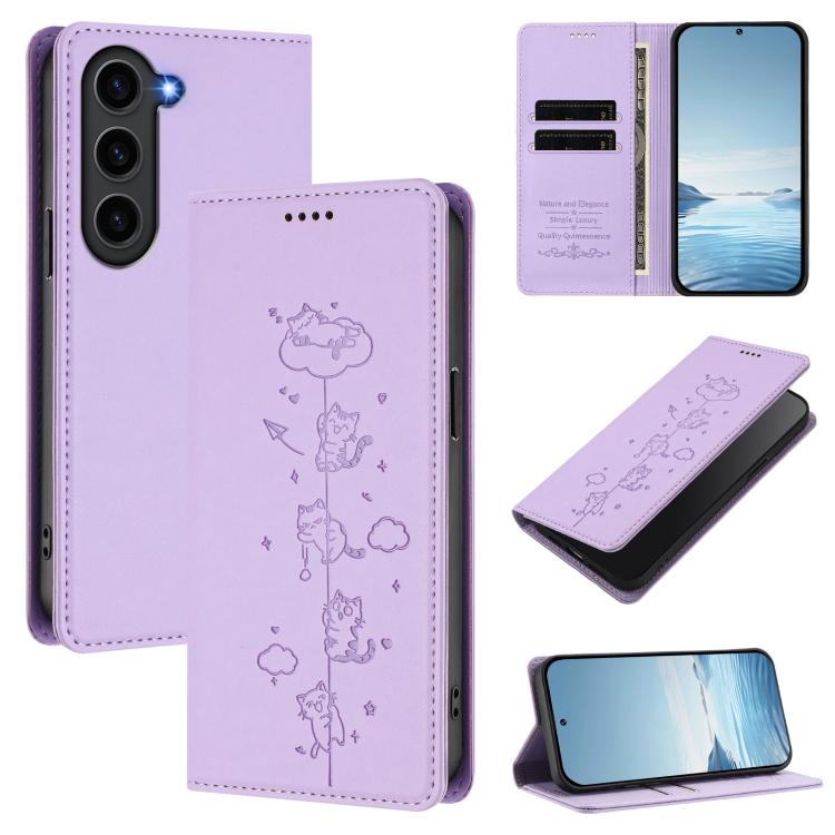Custodia per telefono in ecopelle con protezione RFID magnetica e stampa a rilievo di simpatici gattini., For Samsung Galaxy S23+ 5G, For Samsung Galaxy S23 5G