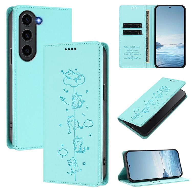 Custodia per telefono in ecopelle con protezione RFID magnetica e stampa a rilievo di simpatici gattini., For Samsung Galaxy S23+ 5G, For Samsung Galaxy S23 5G