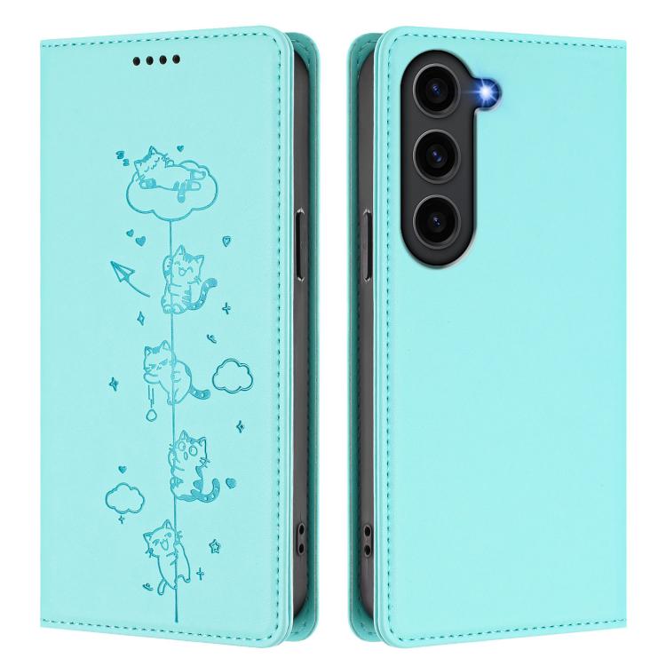 Custodia per telefono in ecopelle con protezione RFID magnetica e stampa a rilievo di simpatici gattini., For Samsung Galaxy S23+ 5G, For Samsung Galaxy S23 5G