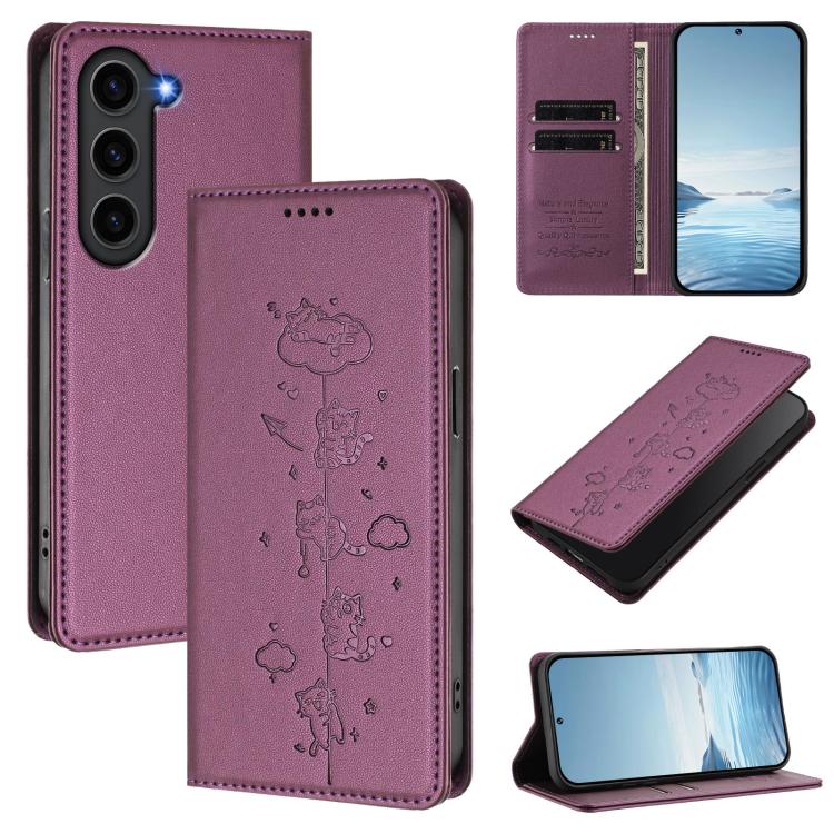 Custodia per telefono in ecopelle con protezione RFID magnetica e stampa a rilievo di simpatici gattini., For Samsung Galaxy S23+ 5G, For Samsung Galaxy S23 5G