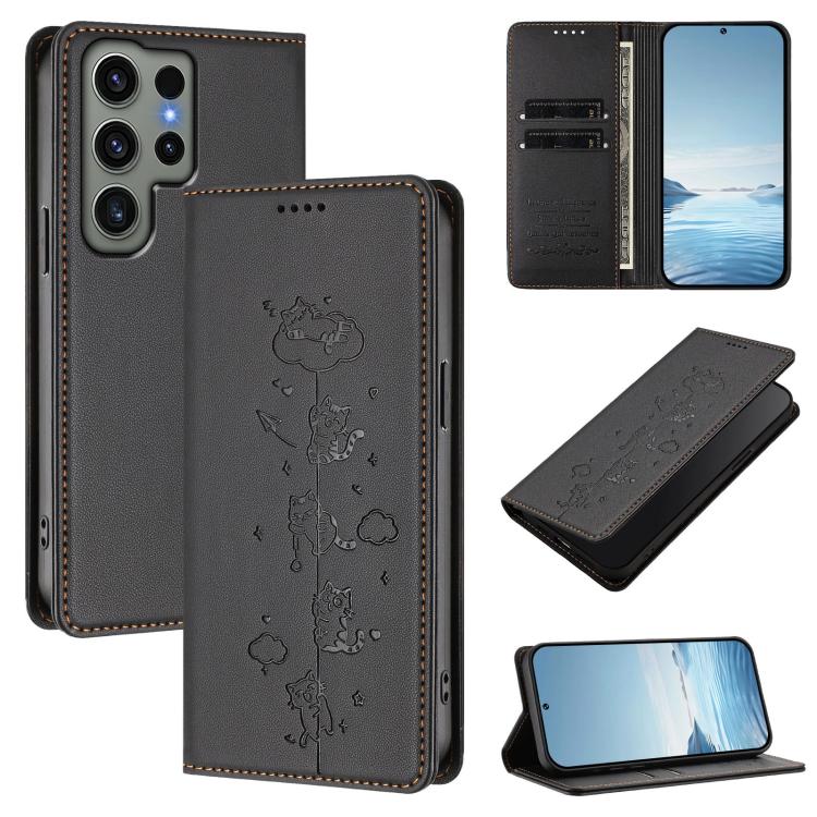 Custodia per telefono in ecopelle con protezione RFID magnetica e stampa a rilievo di simpatici gattini., For Samsung Galaxy S23 FE 5G, For Samsung Galaxy S23 Ultra 5G