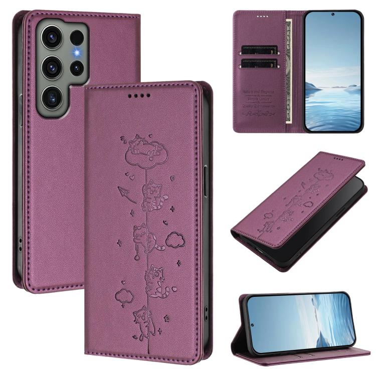 Custodia per telefono in ecopelle con protezione RFID magnetica e stampa a rilievo di simpatici gattini., For Samsung Galaxy S23 FE 5G, For Samsung Galaxy S23 Ultra 5G
