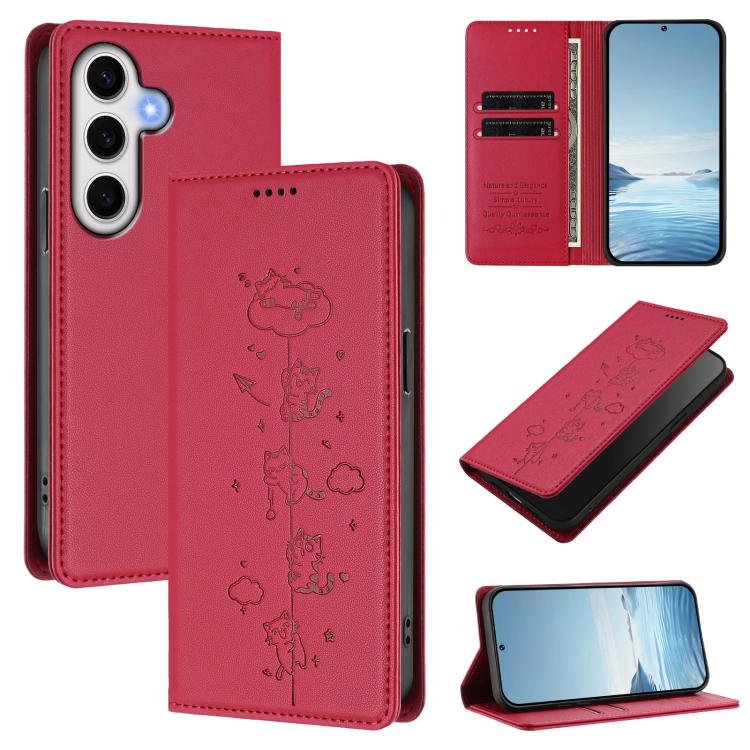 Custodia per telefono in ecopelle con protezione RFID magnetica e stampa a rilievo di simpatici gattini., For Samsung Galaxy S24 FE 5G, For Samsung Galaxy S24 Ultra 5G