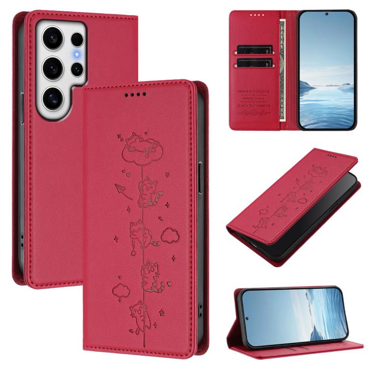 Custodia per telefono in ecopelle con protezione RFID magnetica e stampa a rilievo di simpatici gattini., For Samsung Galaxy S24 FE 5G, For Samsung Galaxy S24 Ultra 5G