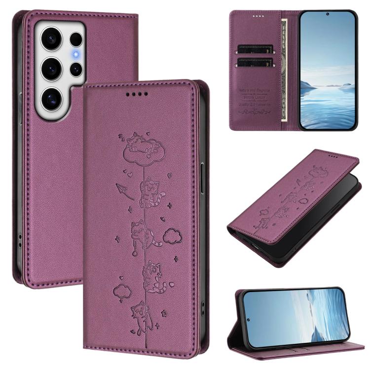 Custodia per telefono in ecopelle con protezione RFID magnetica e stampa a rilievo di simpatici gattini., For Samsung Galaxy S24 FE 5G, For Samsung Galaxy S24 Ultra 5G