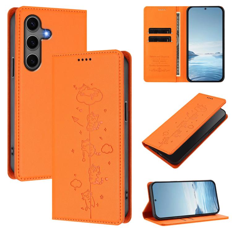 Custodia per telefono in ecopelle con protezione RFID magnetica e stampa a rilievo di simpatici gattini., For Samsung Galaxy S25+ / S24+ 5G, For Samsung Galaxy S25 Ultra 5G