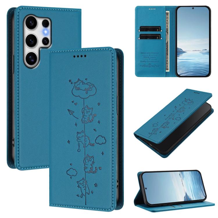 Custodia per telefono in ecopelle con protezione RFID magnetica e stampa a rilievo di simpatici gattini., For Samsung Galaxy S25+ / S24+ 5G, For Samsung Galaxy S25 Ultra 5G