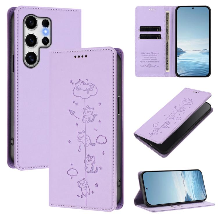 Custodia per telefono in ecopelle con protezione RFID magnetica e stampa a rilievo di simpatici gattini., For Samsung Galaxy S25+ / S24+ 5G, For Samsung Galaxy S25 Ultra 5G