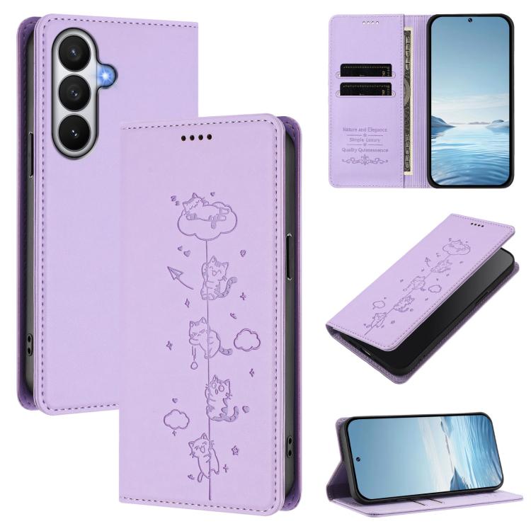 Custodia per telefono in ecopelle con protezione RFID magnetica e stampa a rilievo di simpatici gattini., For Samsung Galaxy S26 5G, For Samsung Galaxy S25 FE 5G
