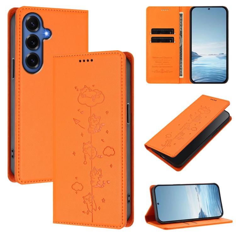 Custodia per telefono in ecopelle con protezione RFID magnetica e stampa a rilievo di simpatici gattini., For Galaxy S26 FE 5G, For Samsung Galaxy S26+ 5G