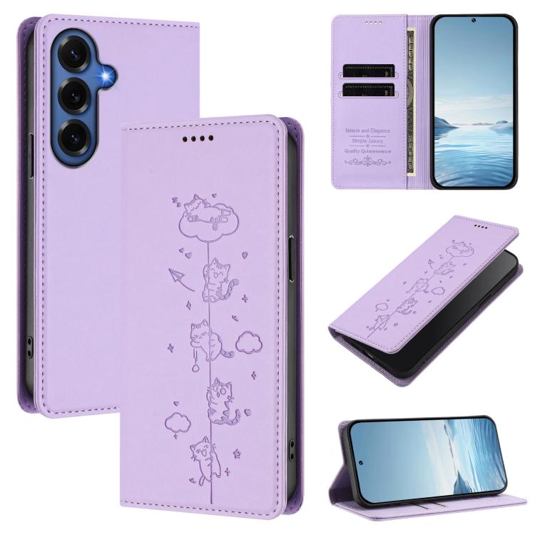 Custodia per telefono in ecopelle con protezione RFID magnetica e stampa a rilievo di simpatici gattini., For Galaxy S26 FE 5G, For Samsung Galaxy S26+ 5G