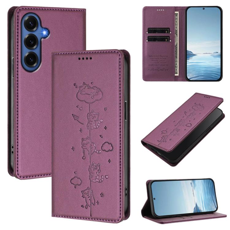 Custodia per telefono in ecopelle con protezione RFID magnetica e stampa a rilievo di simpatici gattini., For Galaxy S26 FE 5G, For Samsung Galaxy S26+ 5G