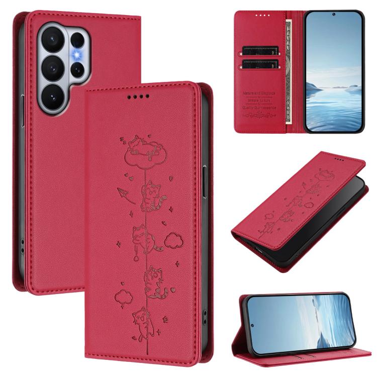 Custodia per telefono in ecopelle con protezione RFID magnetica e stampa a rilievo di simpatici gattini., For Samsung Galaxy S26 Edge 5G, For Samsung Galaxy S26 Ultra 5G