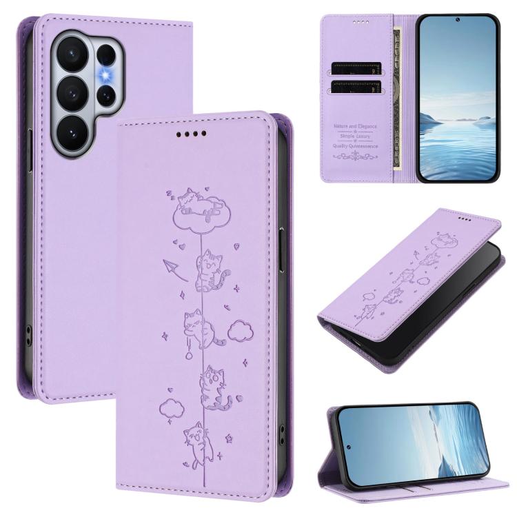 Custodia per telefono in ecopelle con protezione RFID magnetica e stampa a rilievo di simpatici gattini., For Samsung Galaxy S26 Edge 5G, For Samsung Galaxy S26 Ultra 5G