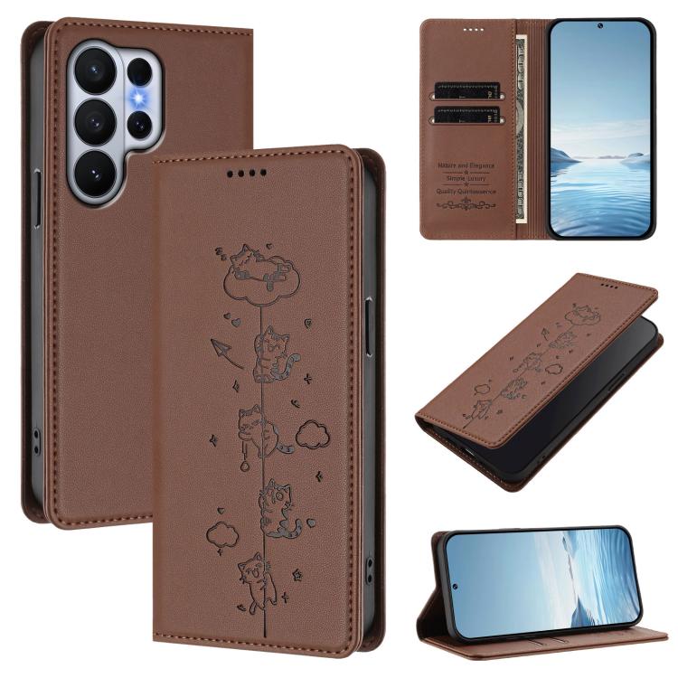 Custodia per telefono in ecopelle con protezione RFID magnetica e stampa a rilievo di simpatici gattini., For Samsung Galaxy S26 Edge 5G, For Samsung Galaxy S26 Ultra 5G