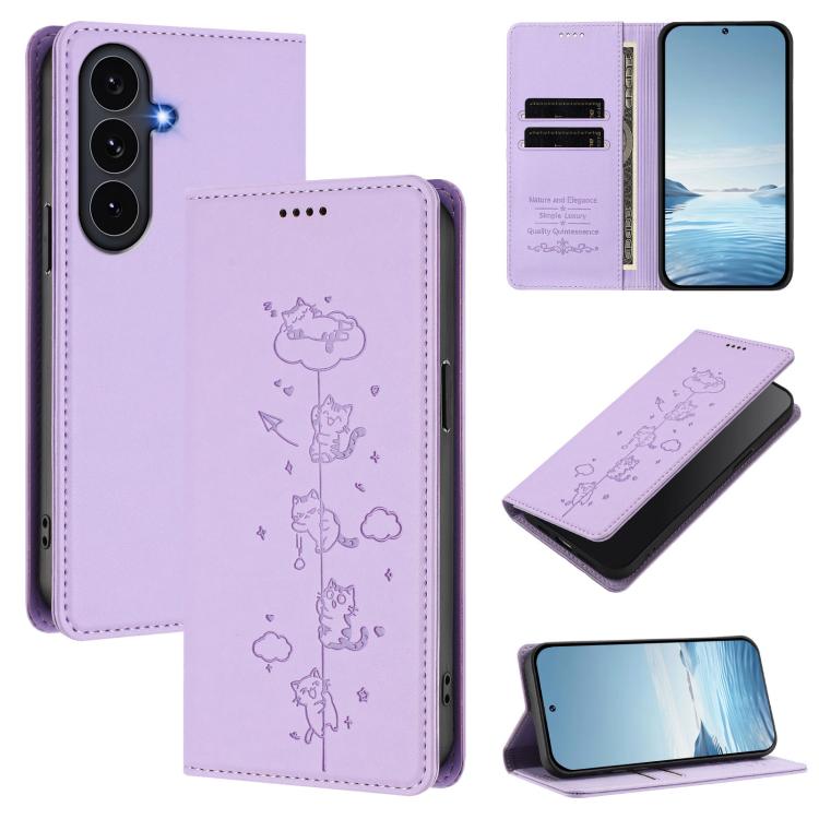 Custodia per telefono in ecopelle con protezione RFID magnetica e stampa a rilievo di simpatici gattini., For Samsung Galaxy S26 5G, For Samsung Galaxy S25 FE 5G