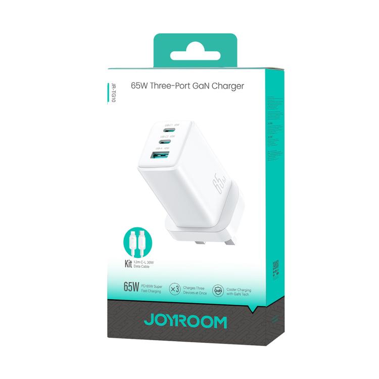 Caricabatterie JOYROOM JR-TG10 da 65 W con doppia porta USB Type-C e USB, completo di cavo da Type-C a 8 pin., EU Plug, UK Plug