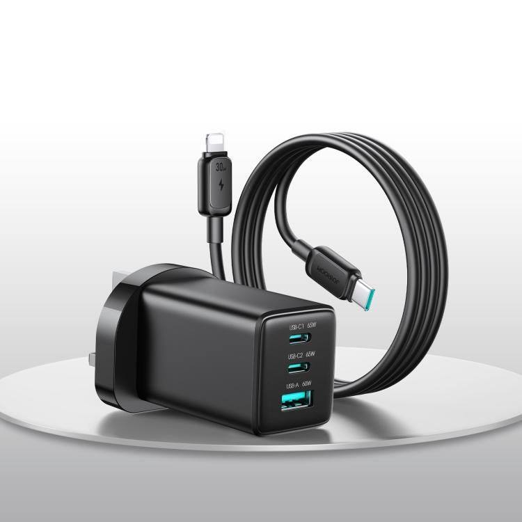 Caricabatterie JOYROOM JR-TG10 da 65 W con doppia porta USB Type-C e USB, completo di cavo da Type-C a 8 pin., EU Plug, UK Plug