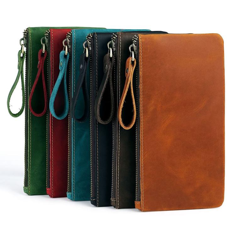 Pochette vintage in vera pelle di grande capacità con organizer per telefono, portafoglio e astuccio per penne.