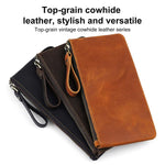 Pochette vintage in vera pelle di grande capacità con organizer per telefono, portafoglio e astuccio per penne.