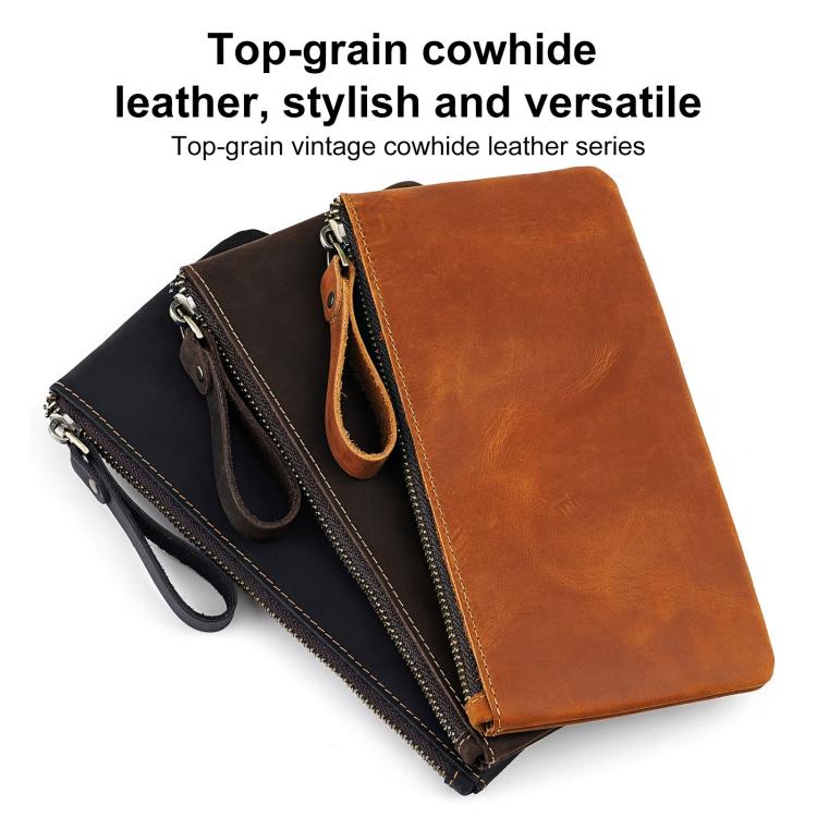 Pochette vintage in vera pelle di grande capacità con organizer per telefono, portafoglio e astuccio per penne.