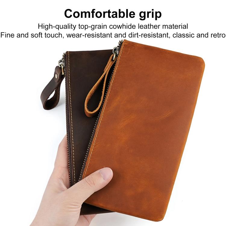 Pochette vintage in vera pelle di grande capacità con organizer per telefono, portafoglio e astuccio per penne.