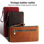 Pochette vintage in vera pelle di grande capacità con organizer per telefono, portafoglio e astuccio per penne.