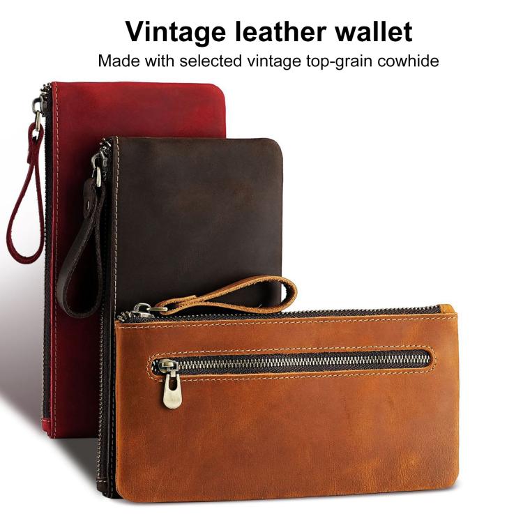 Pochette vintage in vera pelle di grande capacità con organizer per telefono, portafoglio e astuccio per penne.