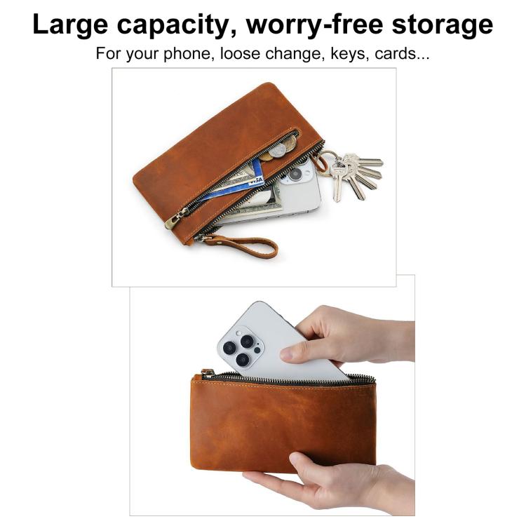 Pochette vintage in vera pelle di grande capacità con organizer per telefono, portafoglio e astuccio per penne.